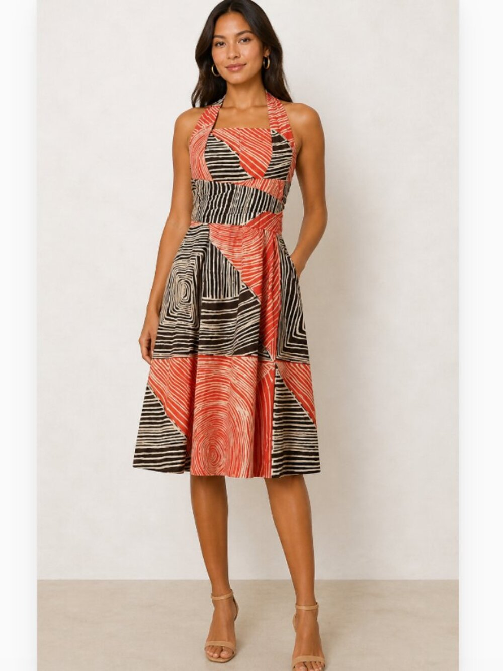 Anthropologie WE LOVE VERA Study of Shapes Print Cotton Halter Dress Size 0 Red